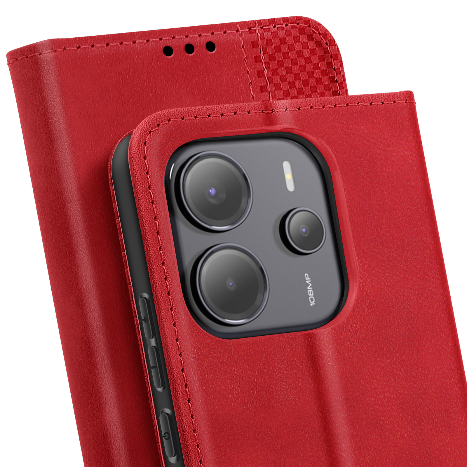 Una custodia rossa per telefono con fotocamera. La custodia è aperta e mostra i dettagli.