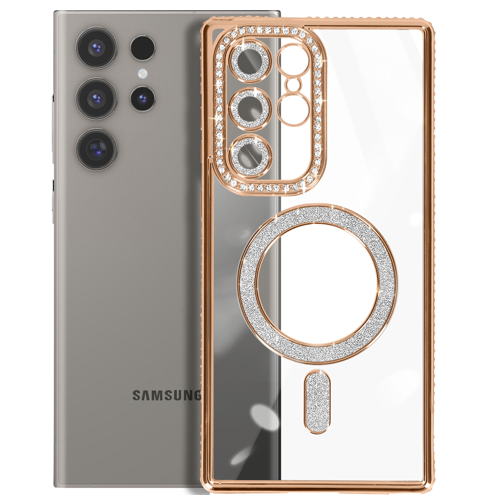 Un telefono con custodia trasparente con strass. Il telefono è argento e oro.