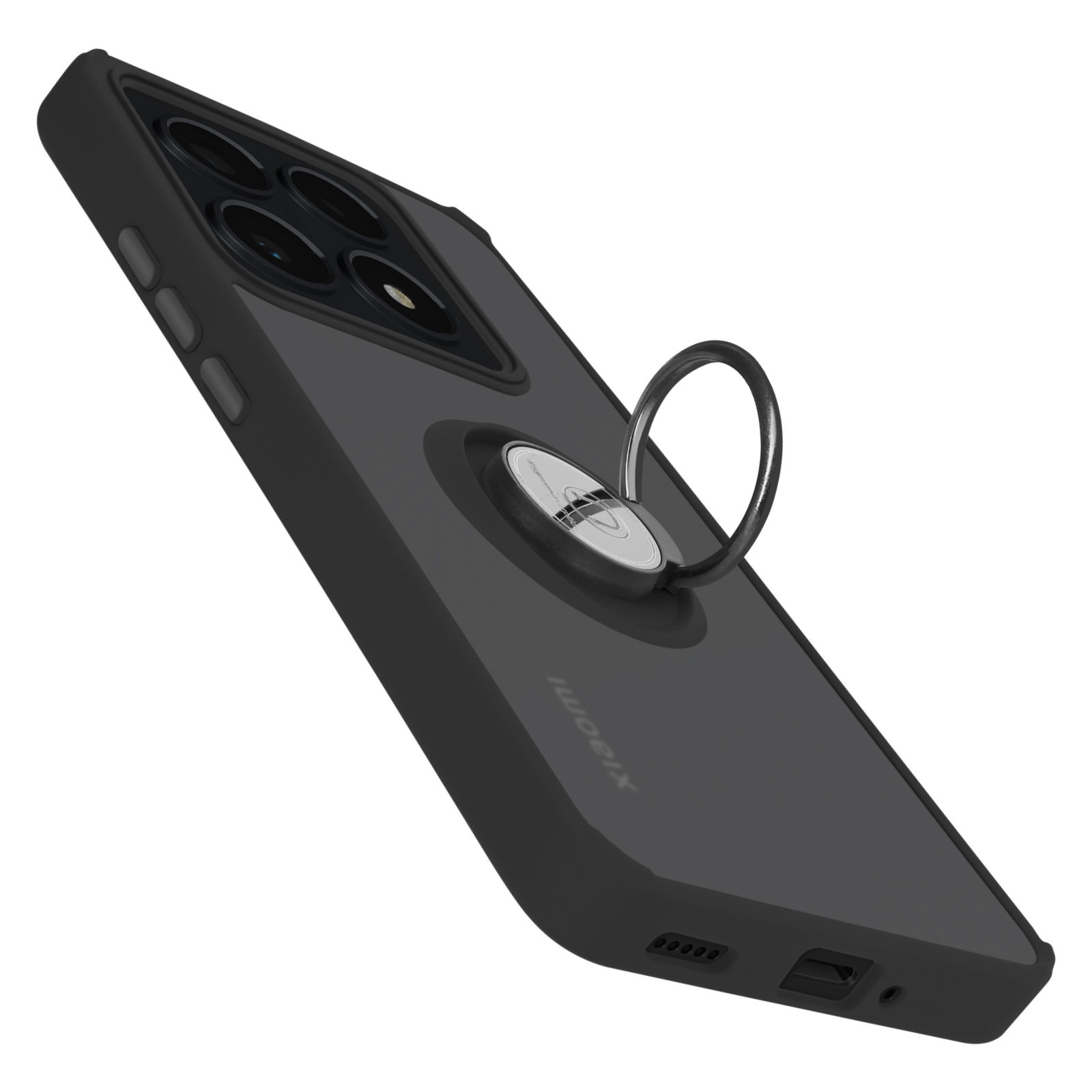 Custodia nera per telefono Xiaomi con supporto ad anello. Il telefono ha più fotocamere.