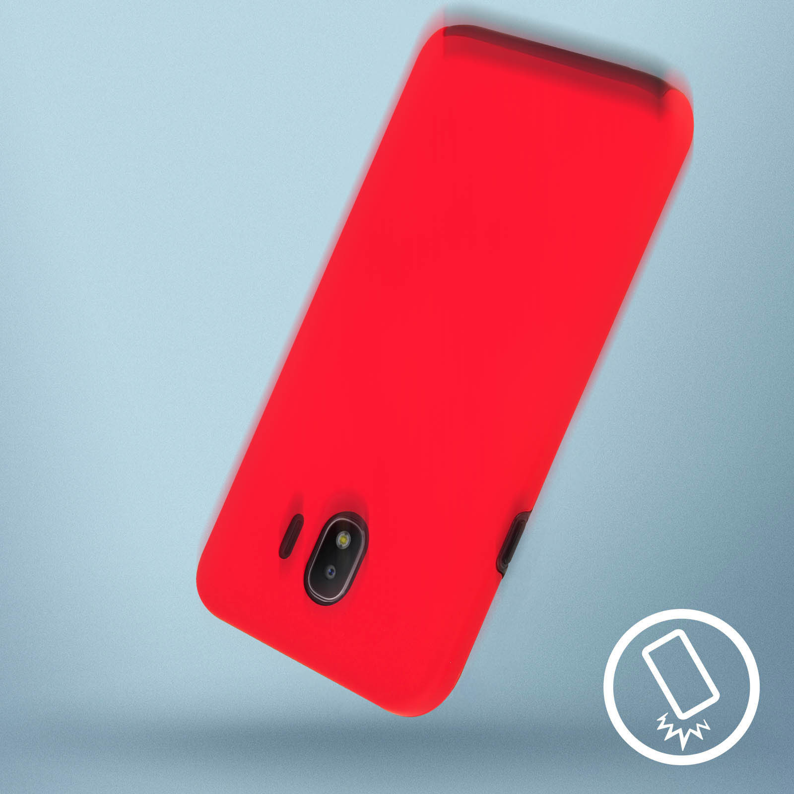 Eine rote Handyhülle fällt. Unten ist ein Telefon-Symbol mit Schlaglinien.