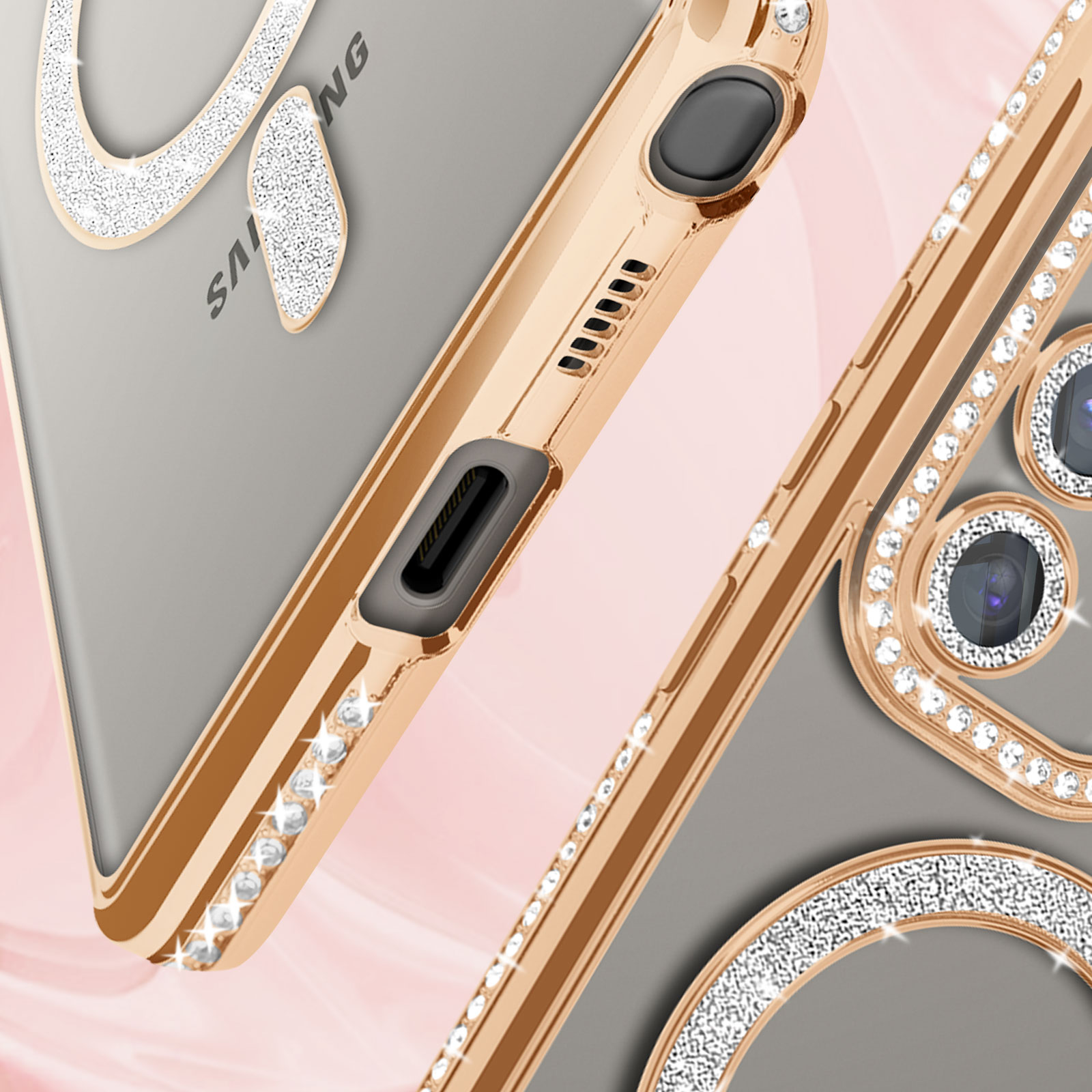 Primo piano di una custodia dorata per telefono con strass. La custodia ha un retro trasparente con il logo Samsung.