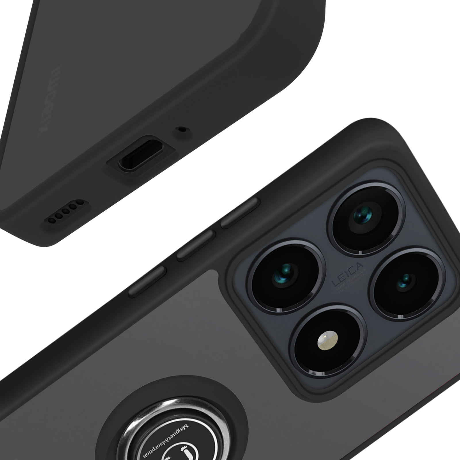 Primo piano di un telefono nero con custodia. Il telefono ha un supporto ad anello.