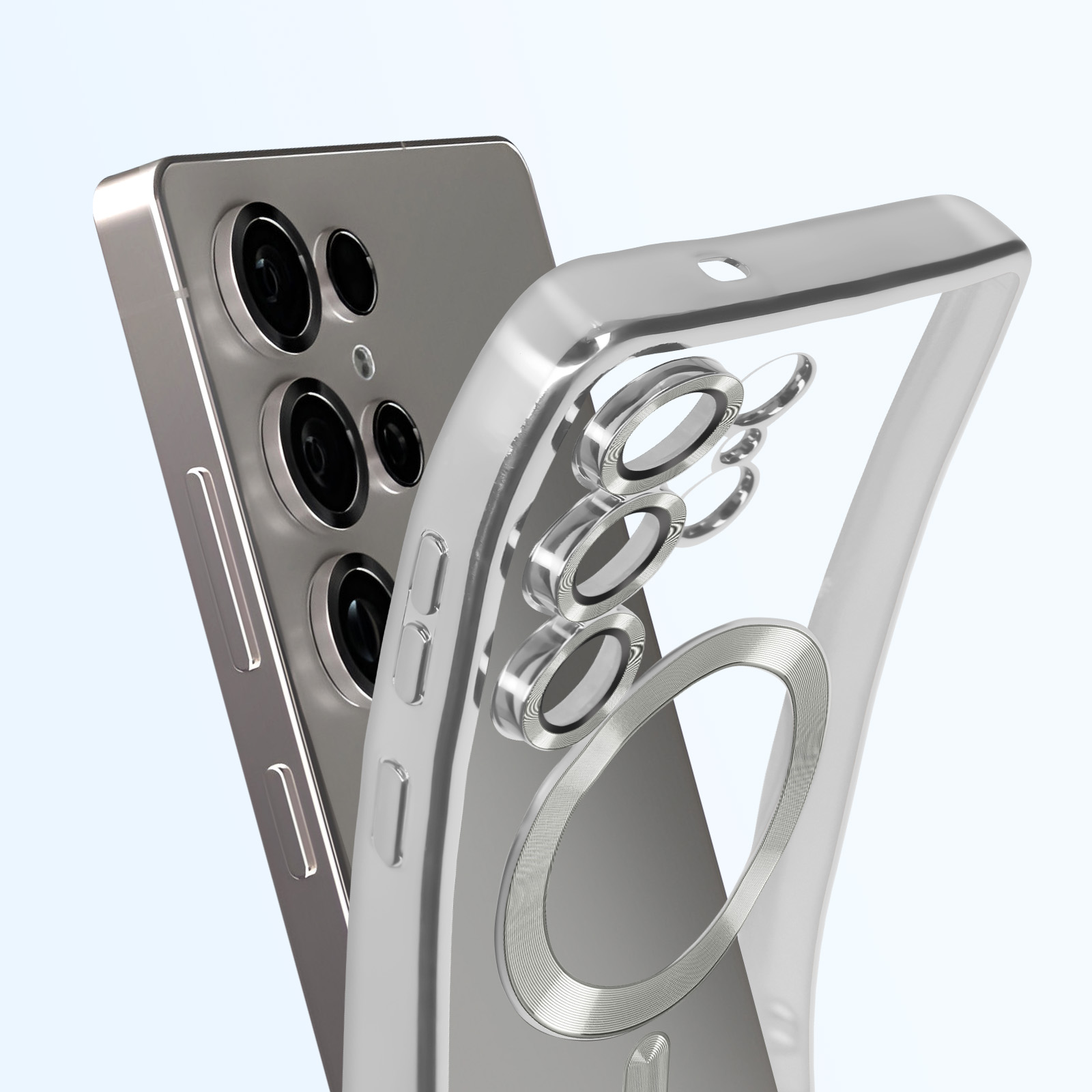 Custodia per telefono argentata con un telefono all'interno. La custodia è trasparente con un design circolare.