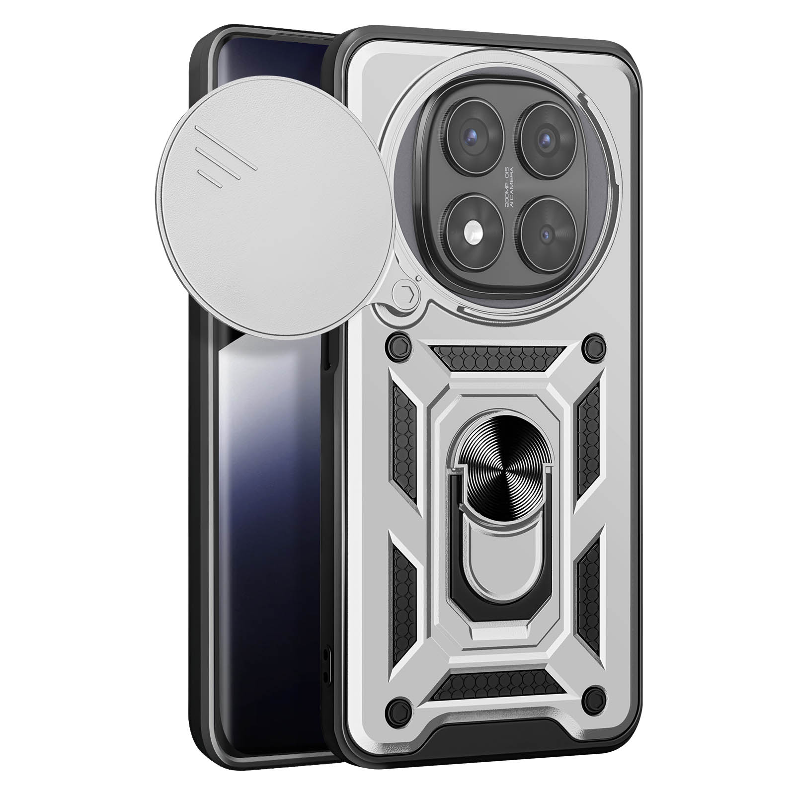 Custodia argentata con anello e copriobiettivo. Il telefono è su sfondo bianco.