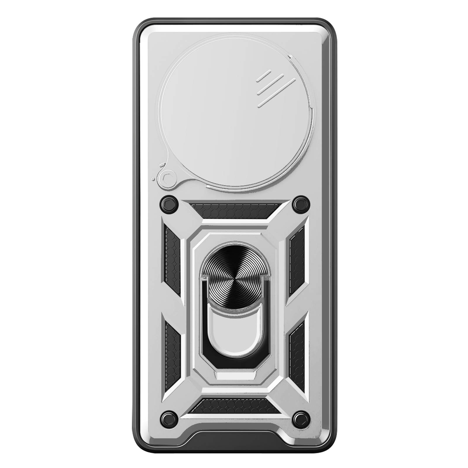 Custodia per telefono argentata con anello. Design geometrico, copertura dell'obiettivo circolare.