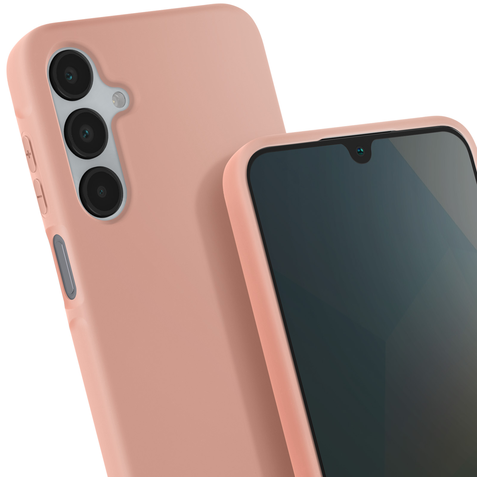 Un telefono e una custodia rosa. Il telefono è all'interno di una custodia rosa, con la fotocamera del telefono visibile.