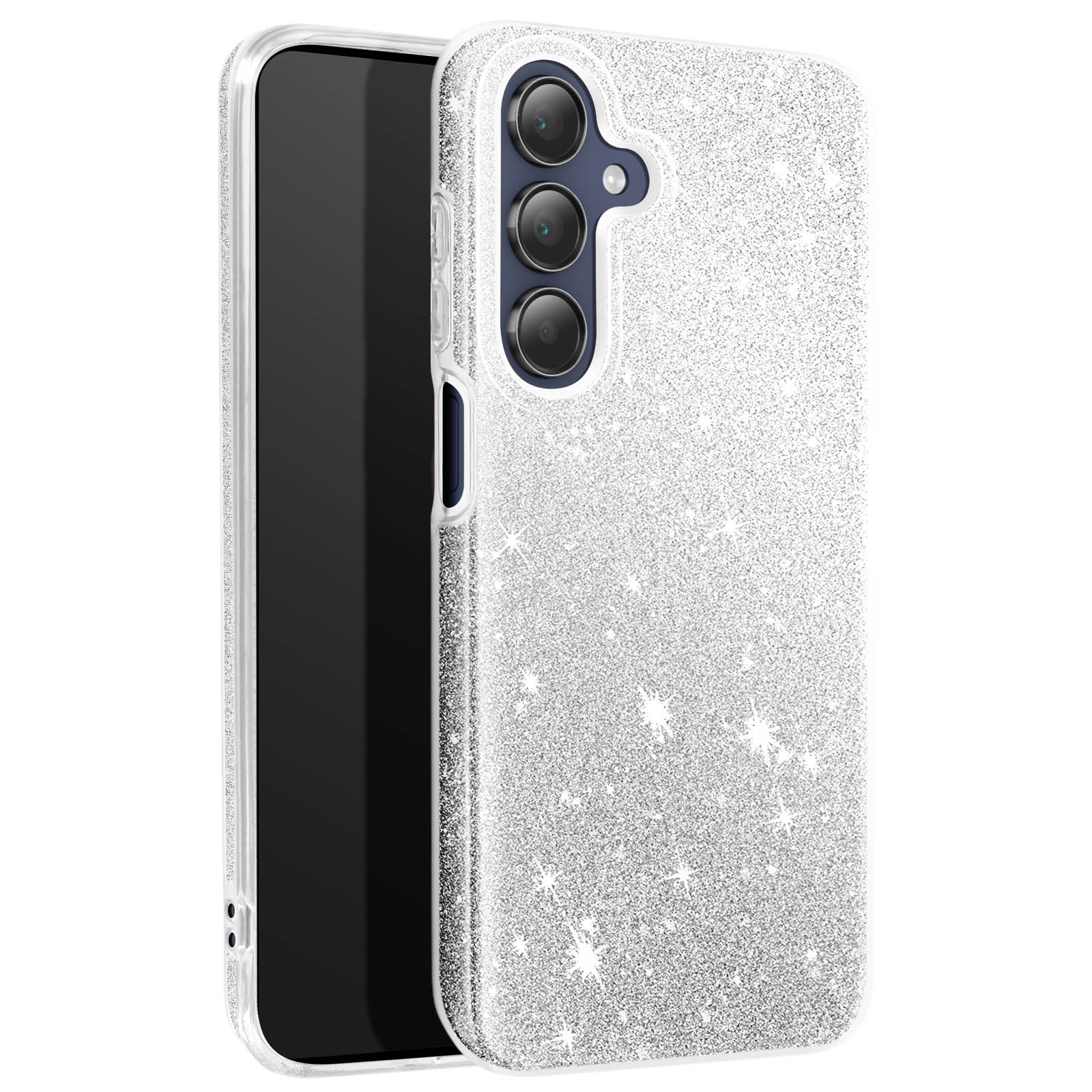 Telefono in una custodia bianca con glitter. Il telefono ha più lenti della fotocamera.