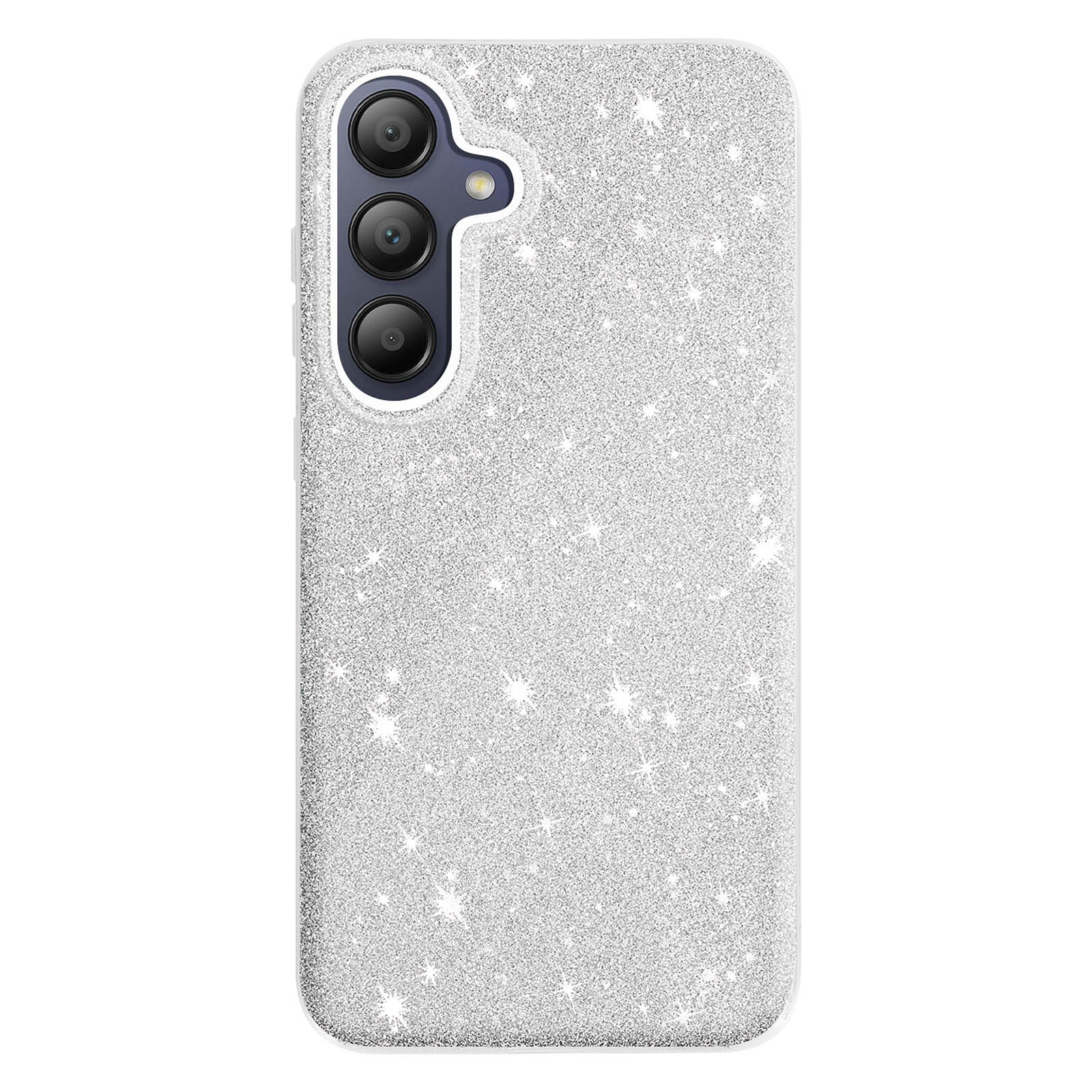 Custodia per telefono bianca con stelle glitterate. Il telefono ha più lenti della fotocamera.
