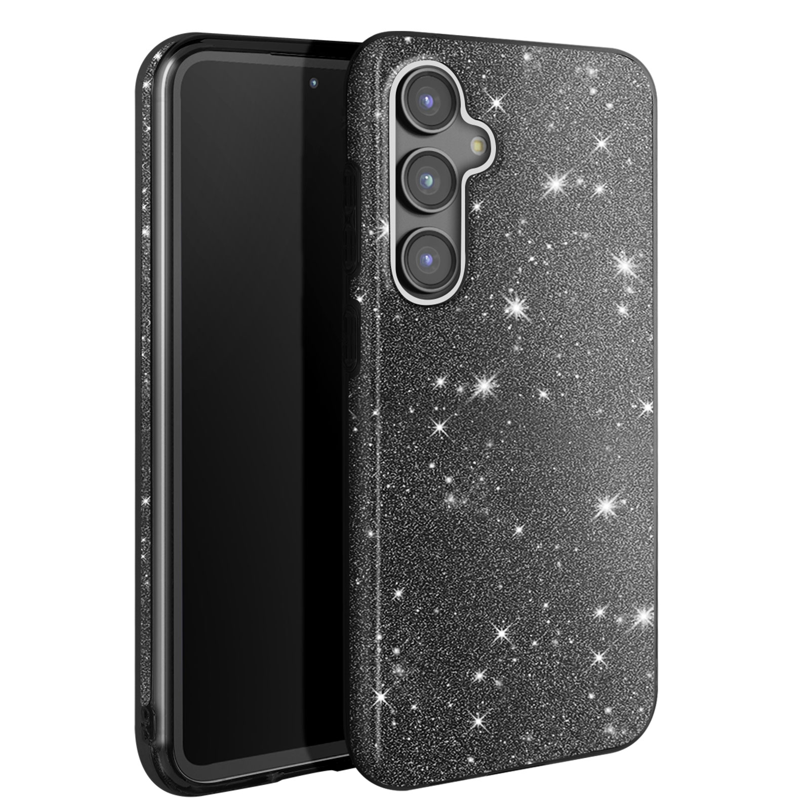 Cover nera glitterata con fotocamera a tripla lente e telefono all'interno.