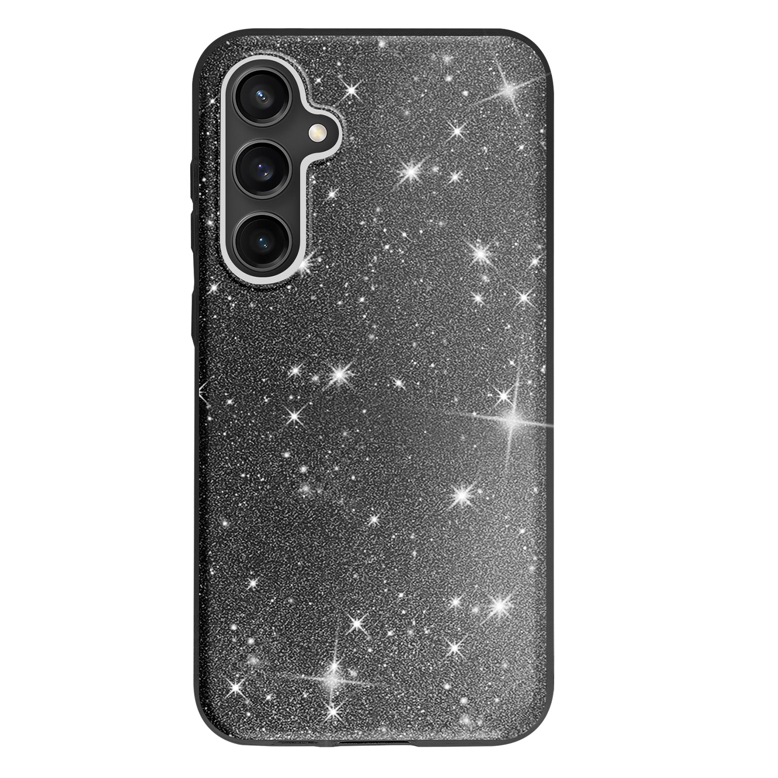 Cover nera glitterata con configurazione a tripla fotocamera.