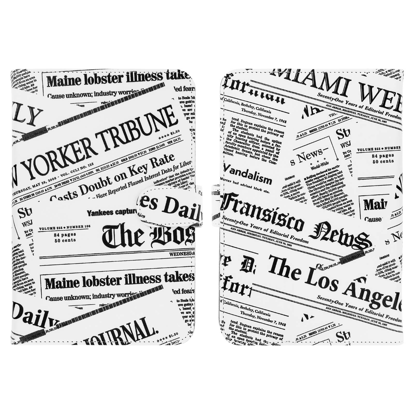 Due libri aperti con stampa di giornale, in bianco e nero. Mostrano titoli e articoli.