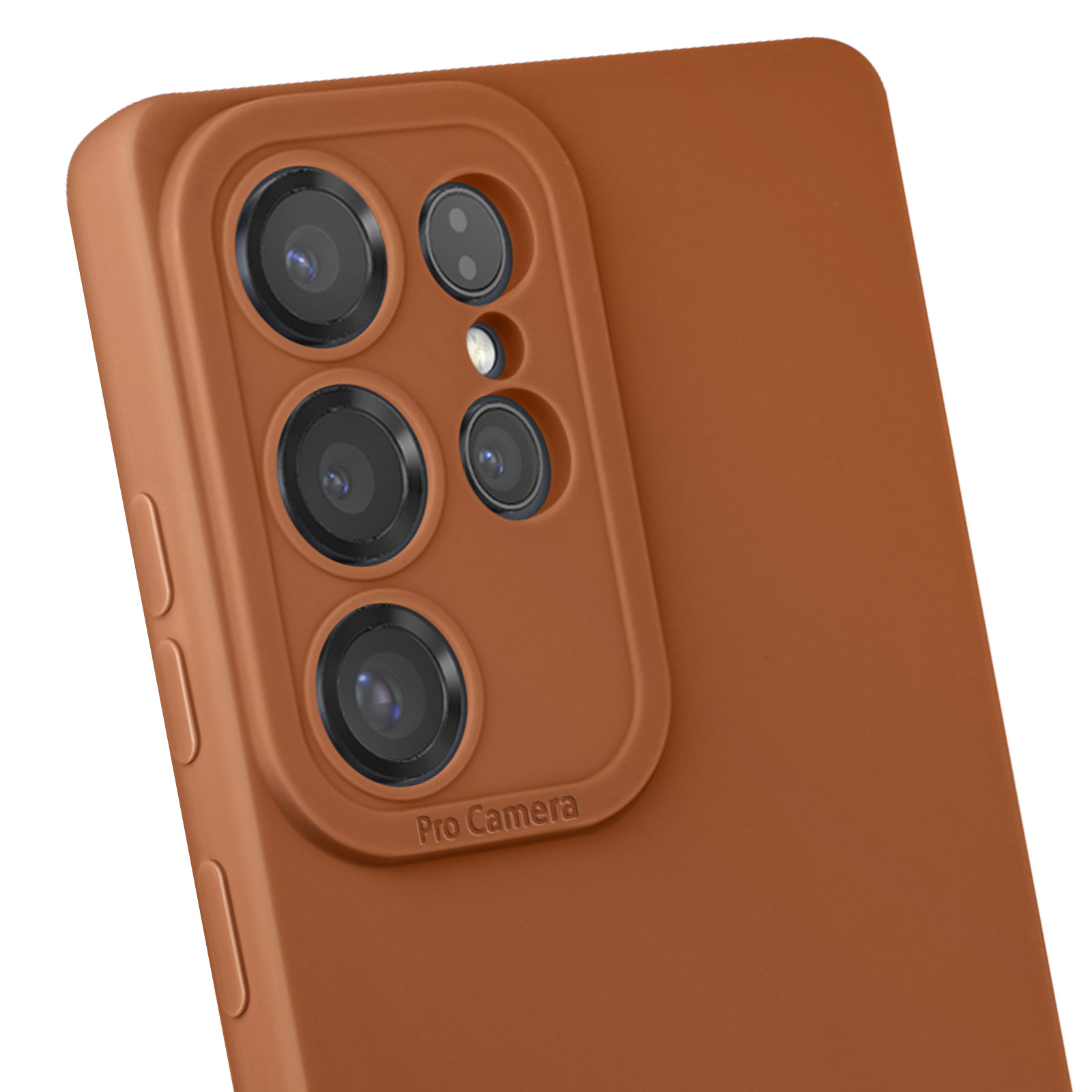 Primo piano di una cover per telefono marrone con modulo fotocamera e le parole "Pro Camera".
