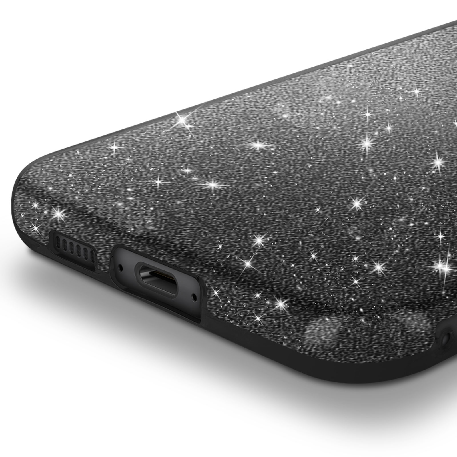 Primo piano di una cover per telefono glitterata nera, che mostra le porte e uno sfondo bianco.