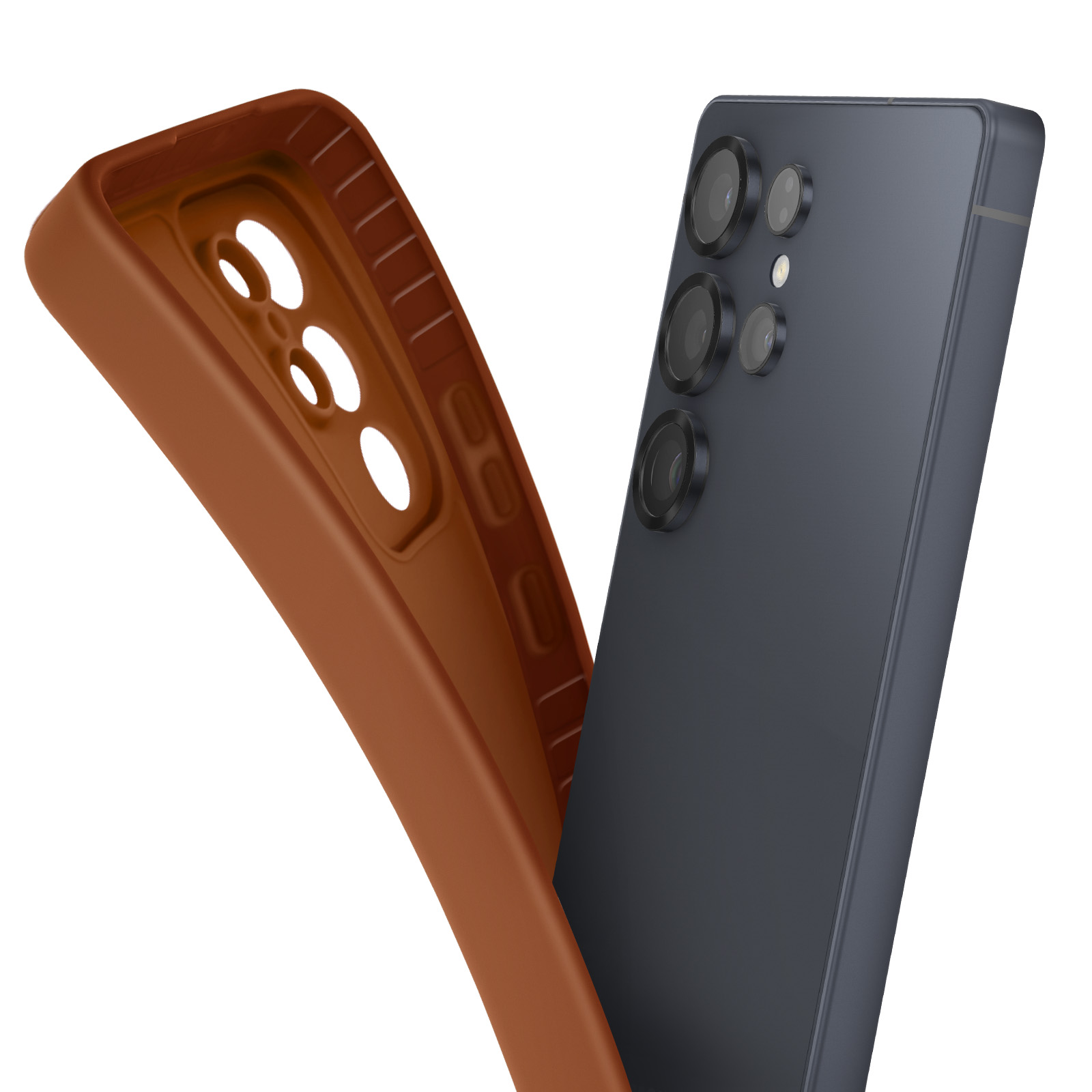 Telefono con custodia marrone, con custodia aperta. Il telefono è grigio scuro, la custodia è marrone.
