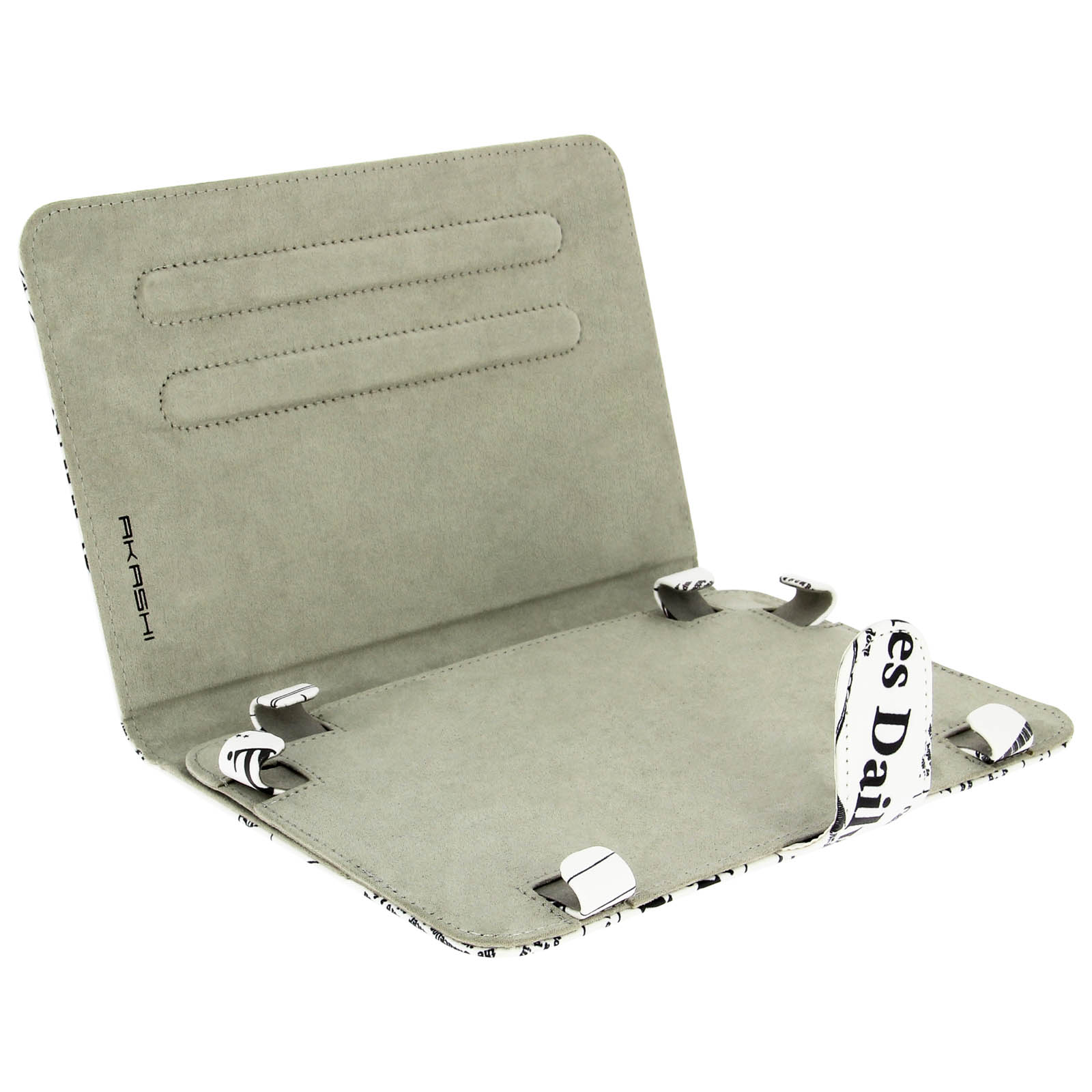 Custodia per tablet, aperta. Interno grigio con esterno a fantasia bianco e nero, con sfondo bianco.