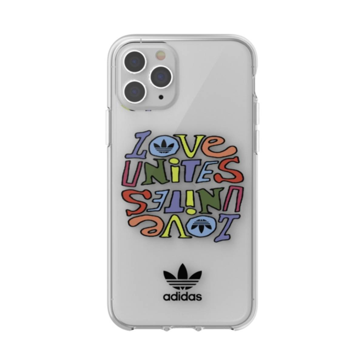 Custodia per telefono con logo e testo Adidas. Il retro è trasparente. Il testo è colorato, logo nero.
