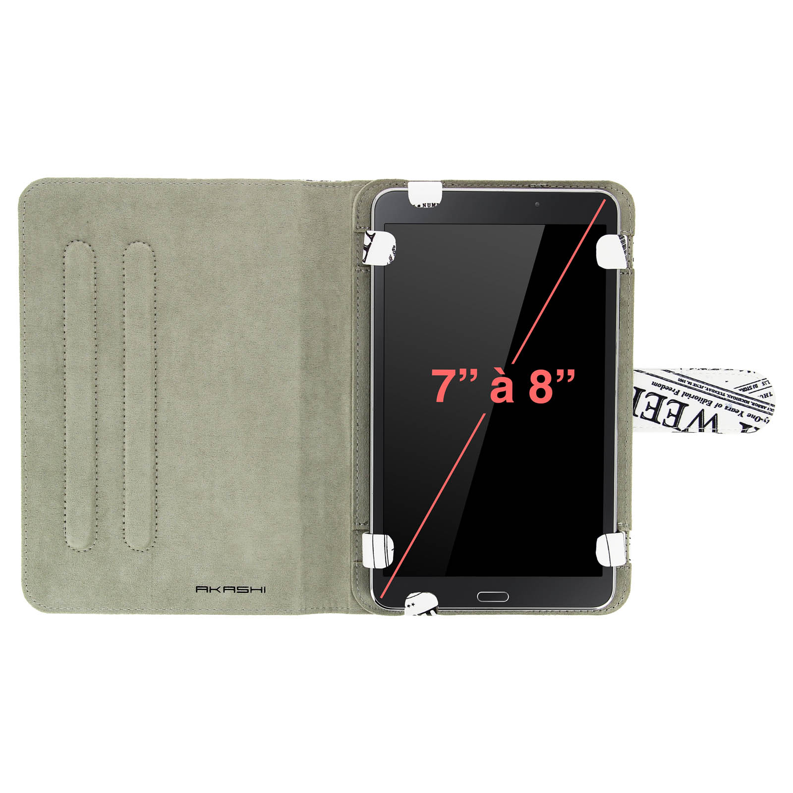 Tablet in custodia grigia aperta. Testo da 7" a 8" mostrato sullo schermo nero. Supporti cinghia bianchi.