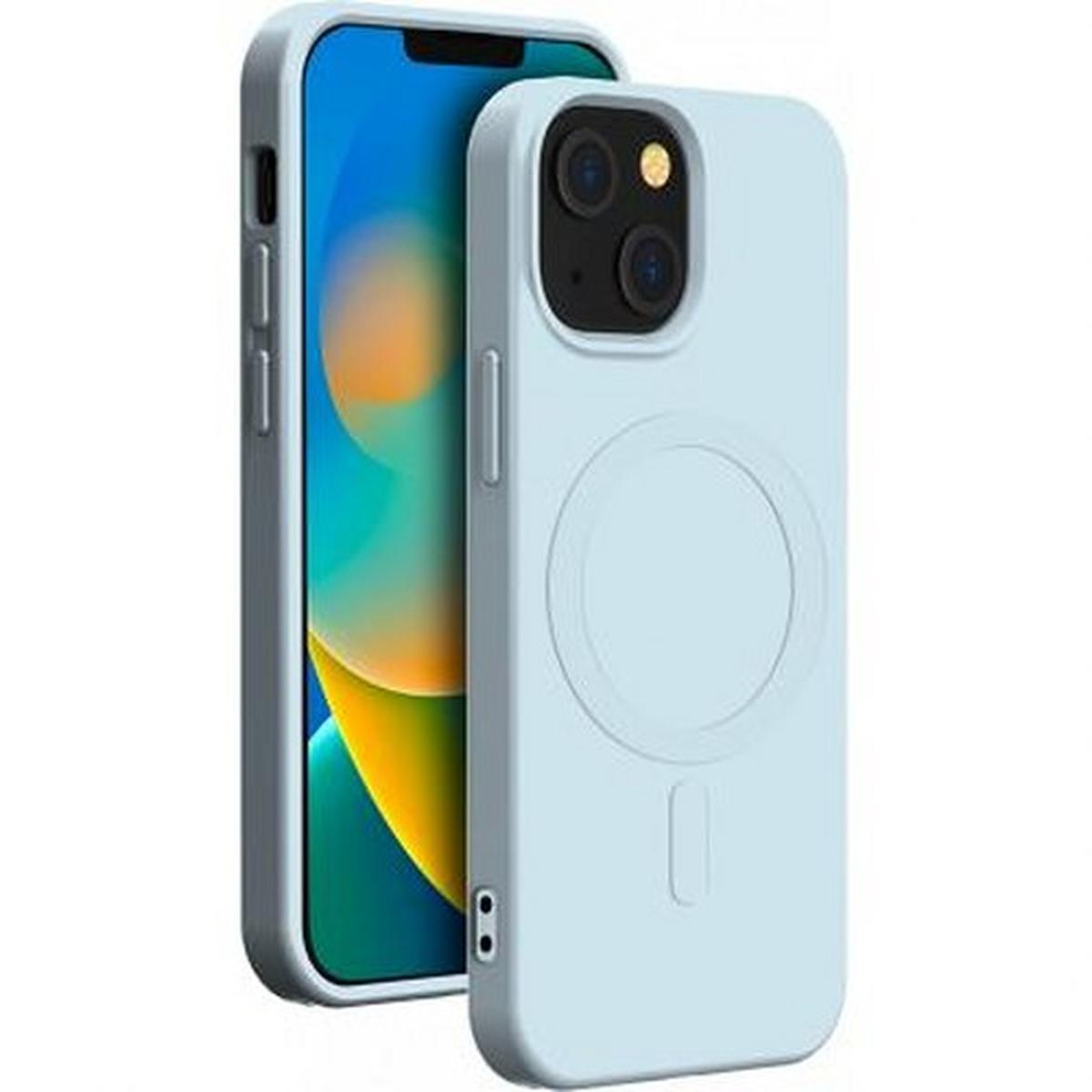 Cover per telefono azzurra con retro bianco e due lenti nere. Lo schermo del telefono è visibile.