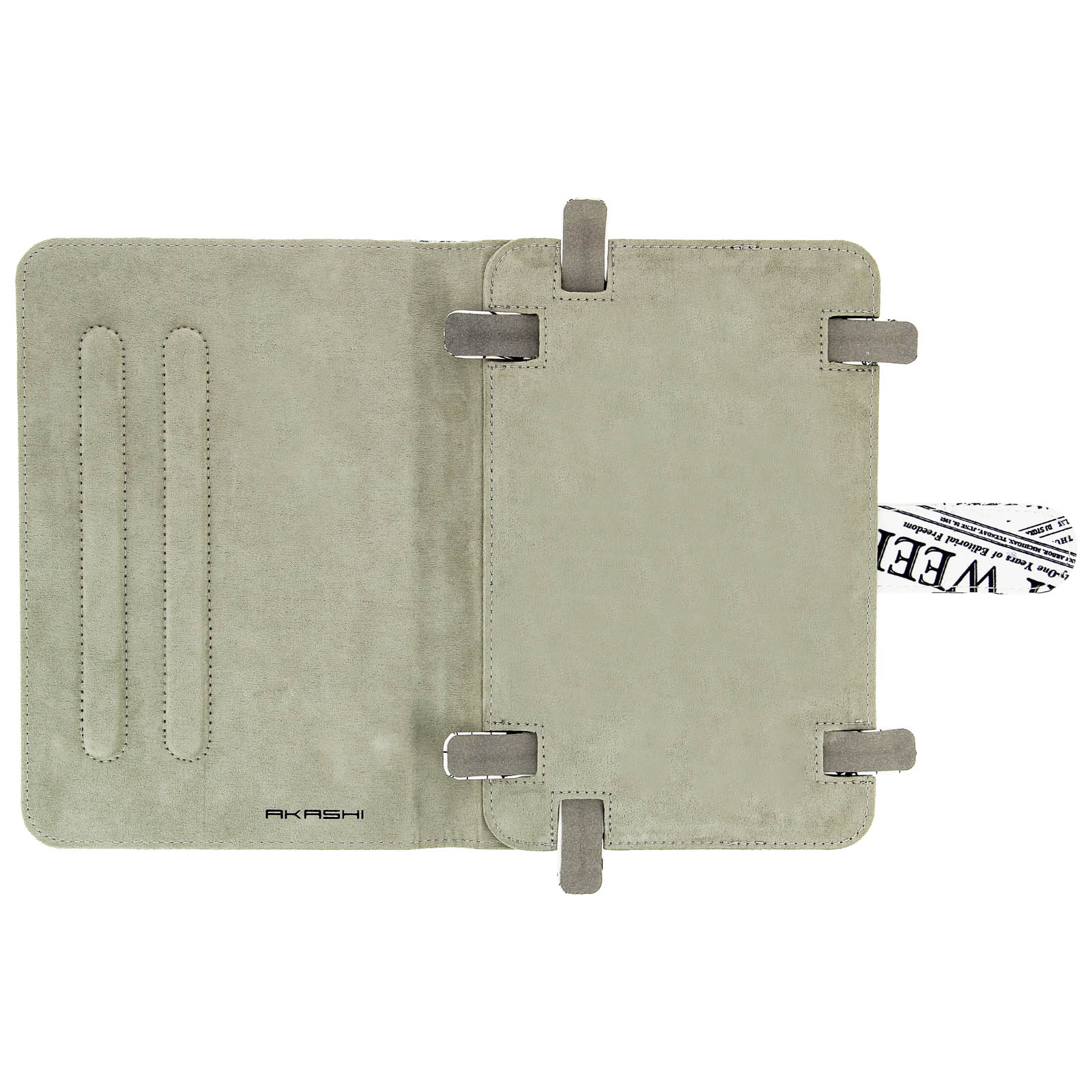 Custodia per tablet, aperta. Interno grigio, con sfondo bianco. La custodia è aperta.
