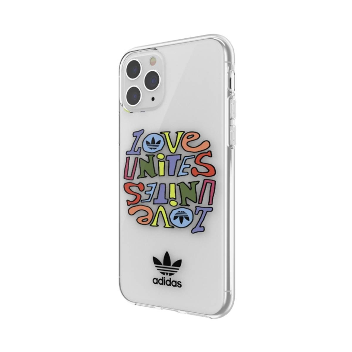 Custodia trasparente con testo colorato "Love Unites" e logo Adidas. Telefono parzialmente visibile.