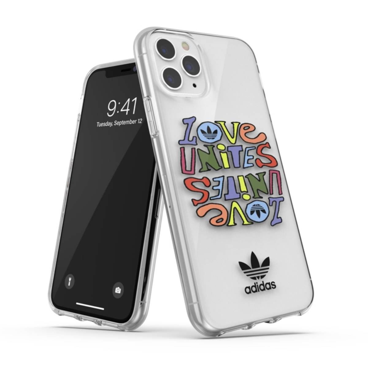Due telefoni, uno con custodia Adidas, altro schermo nero. Testo "Love Unites" a colori.