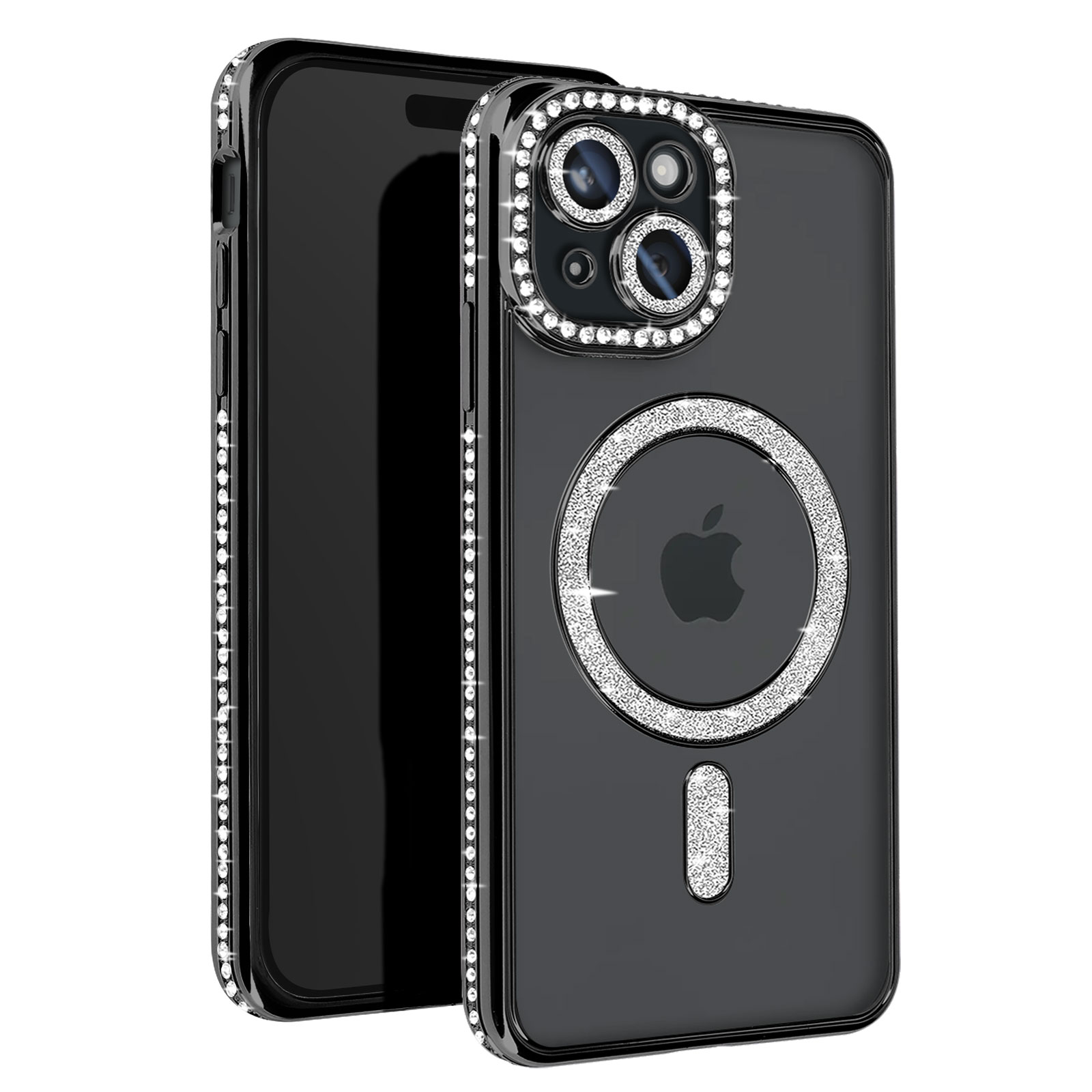 Custodia nera per telefono con cristalli attorno alla fotocamera e ai bordi. Logo Apple e anello magnetico.
