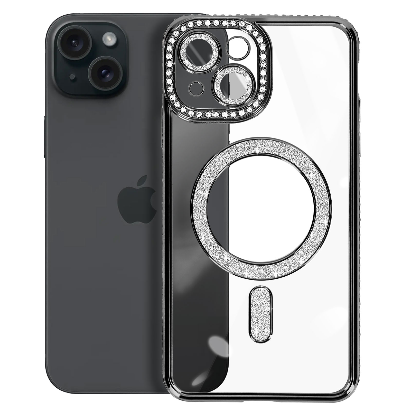 Telefono in custodia con strass attorno alla fotocamera e un cerchio. Un altro telefono sullo sfondo.