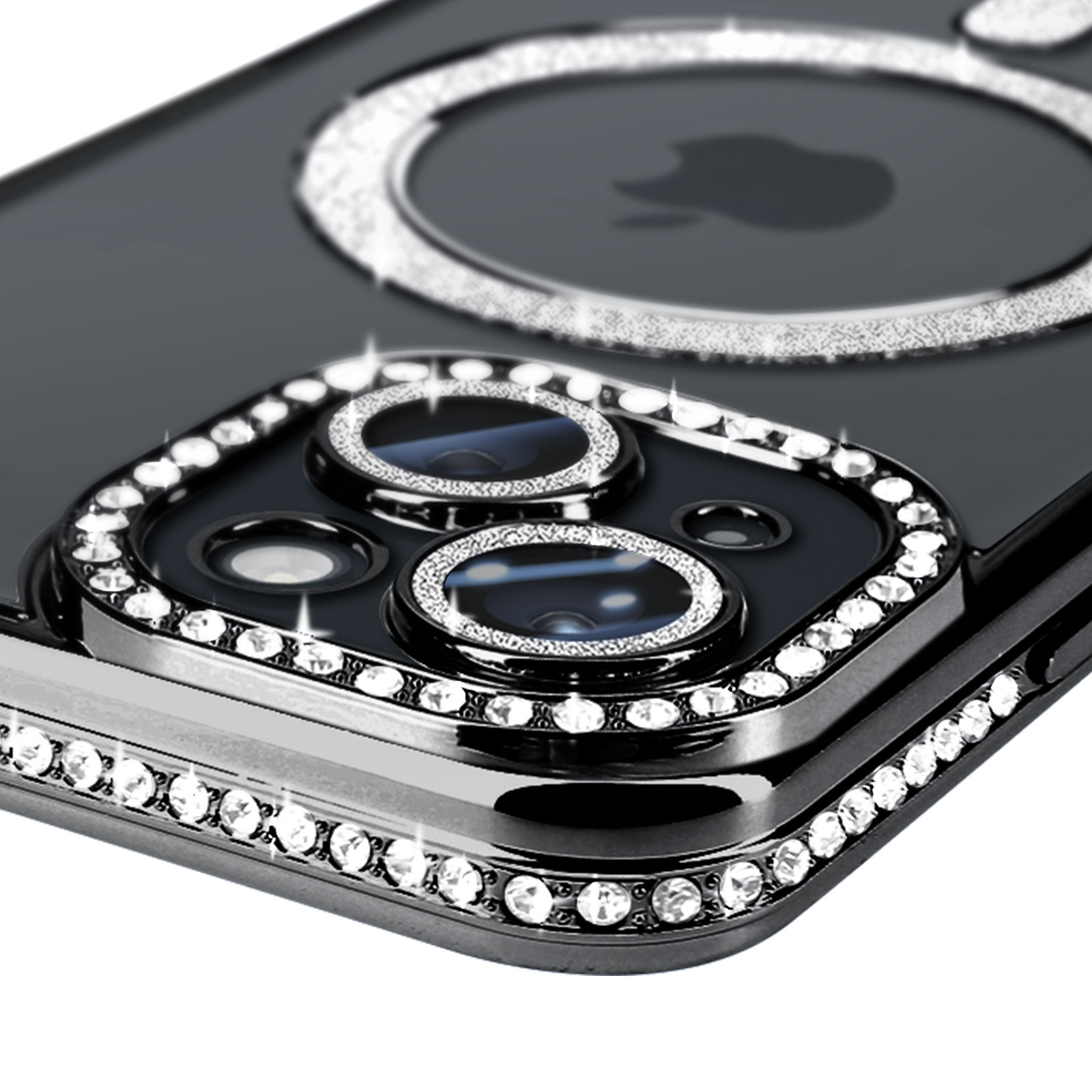 Primo piano della custodia del telefono con strass attorno agli obiettivi della fotocamera e ai bordi.
