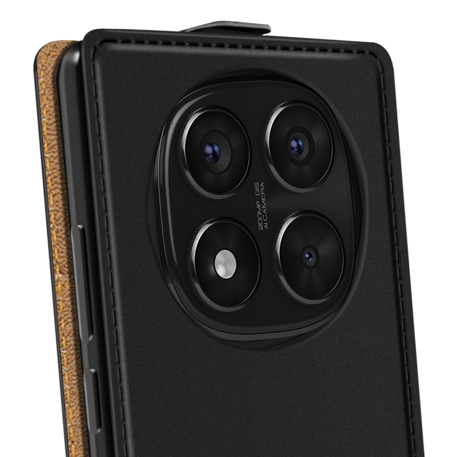 Custodia nera per telefono, con un grande modulo fotocamera sul retro, 4 obiettivi e una custodia nera.