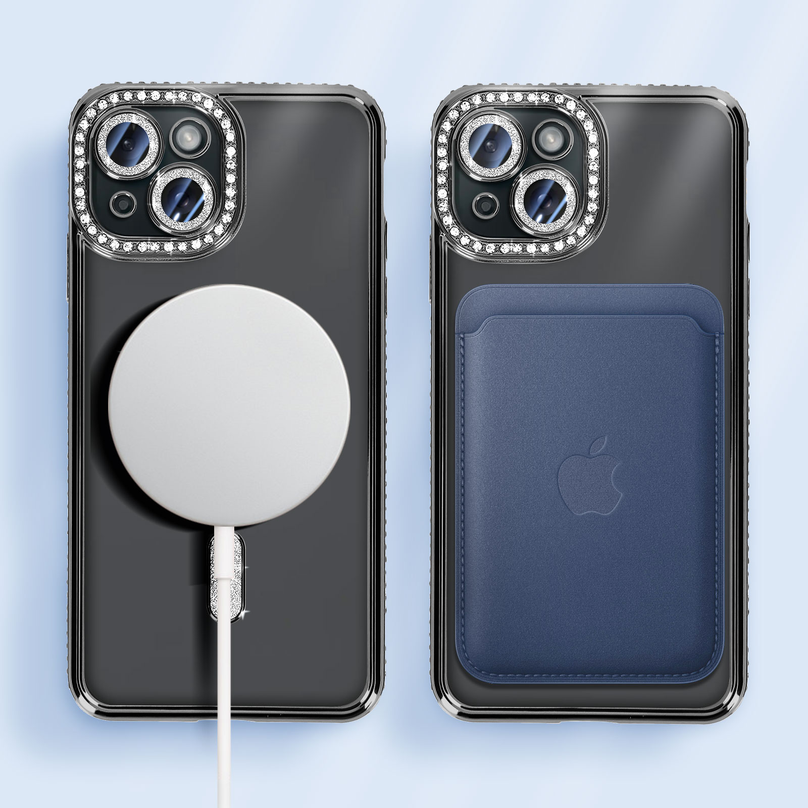 Custodia trasparente per telefono con logo Apple e porta carte blu. È attaccato anche un magnete di ricarica bianco.