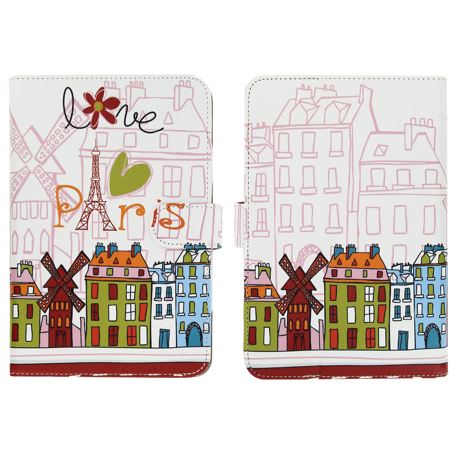 Custodia per tablet a tema Parigi. Case e mulini a vento colorati. Custodia aperta con chiusura magnetica.