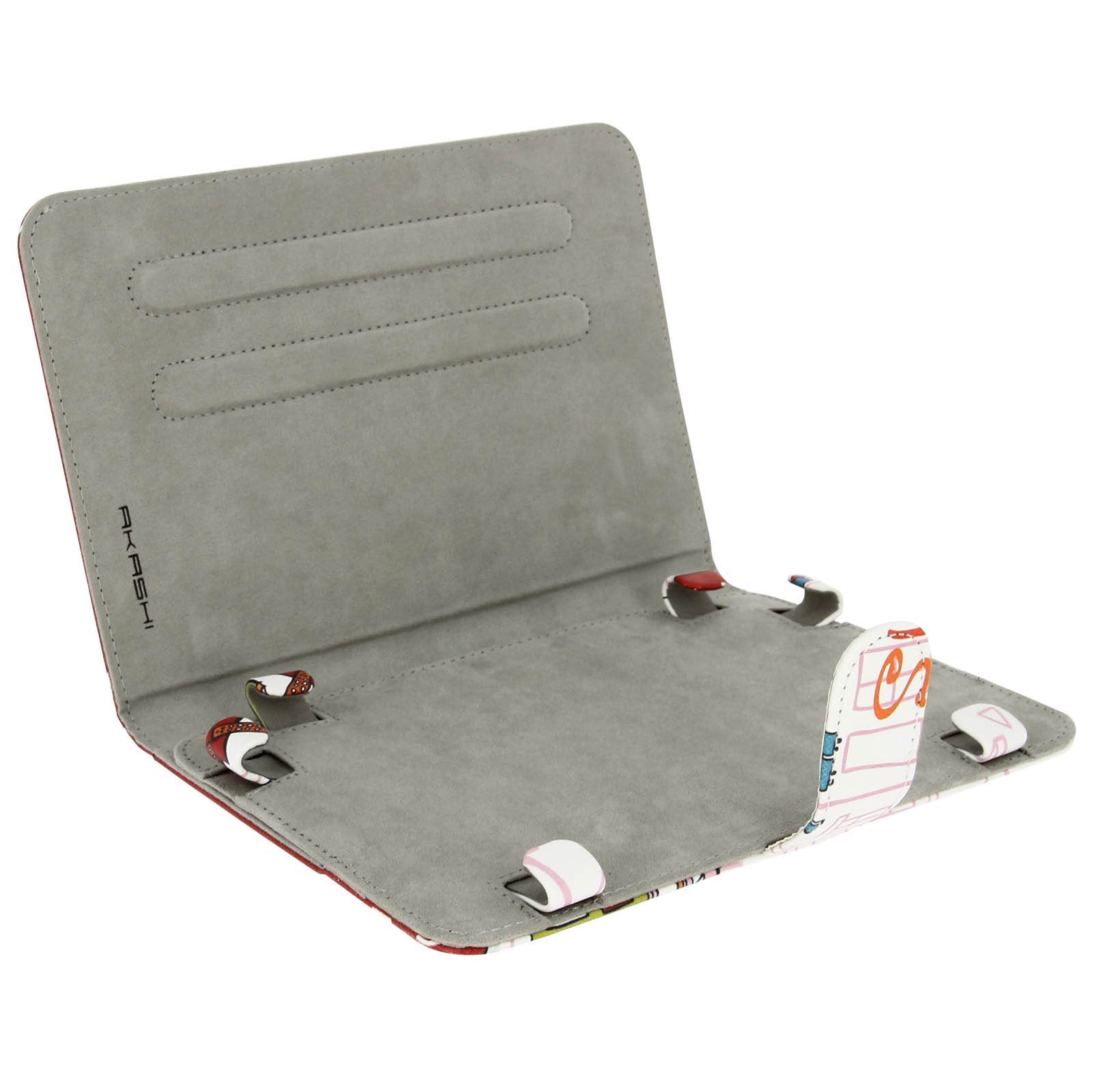 Custodia per tablet, aperta. L'interno è grigio con il nome del marchio. Design colorato all'esterno.