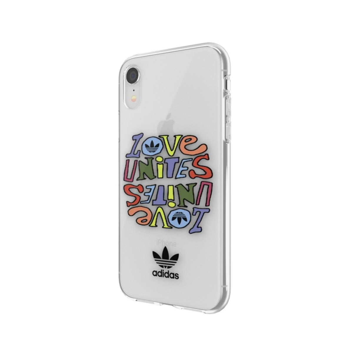 Custodia trasparente con testo 'Love Unites' e logo Adidas.