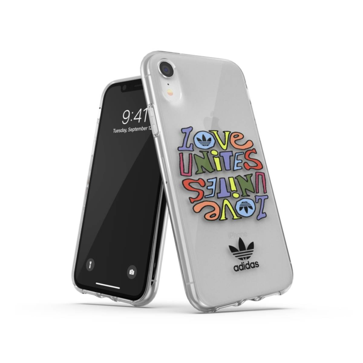 Due telefoni. Uno con custodia Adidas, l'altro con schermo nero. Testo "Love Unites" a colori.