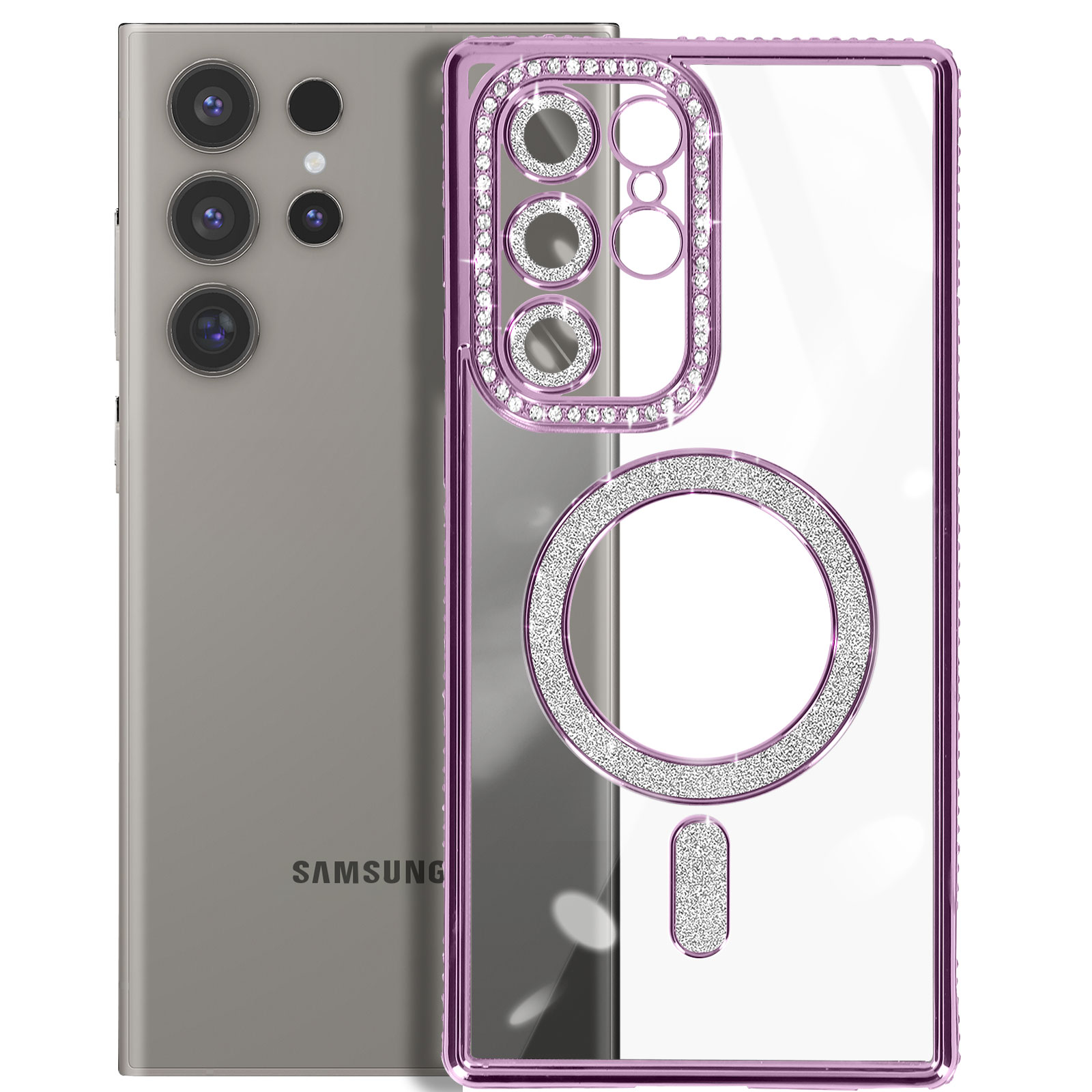 Telefono argentato accanto a custodia trasparente con bordi rosa e strass.