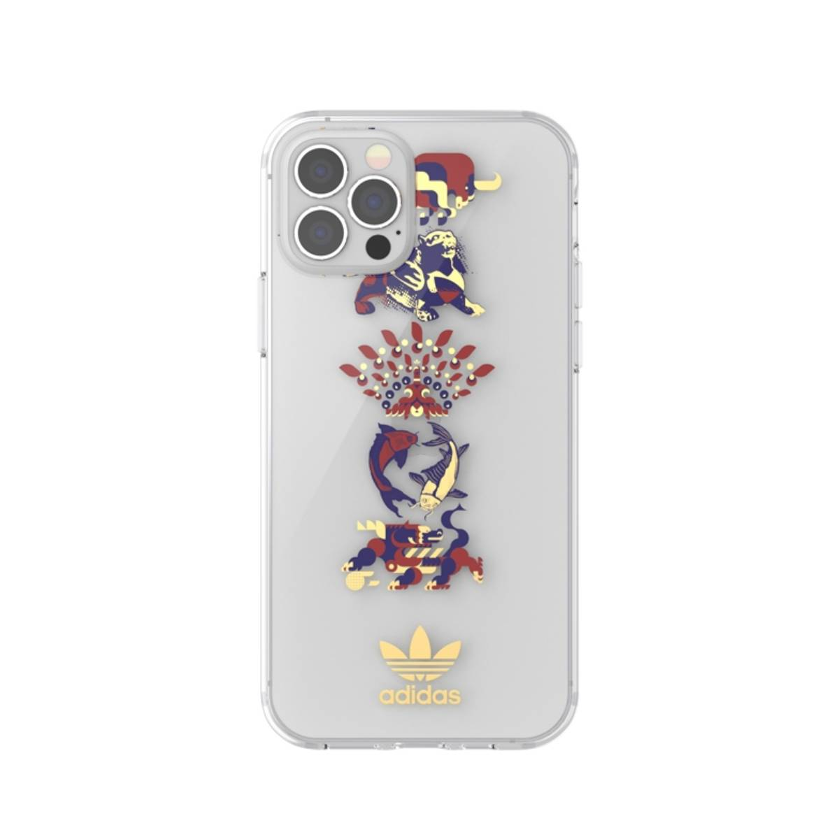 Custodia per telefono trasparente con logo Adidas e personaggi dei cartoni animati. Sfondo bianco.