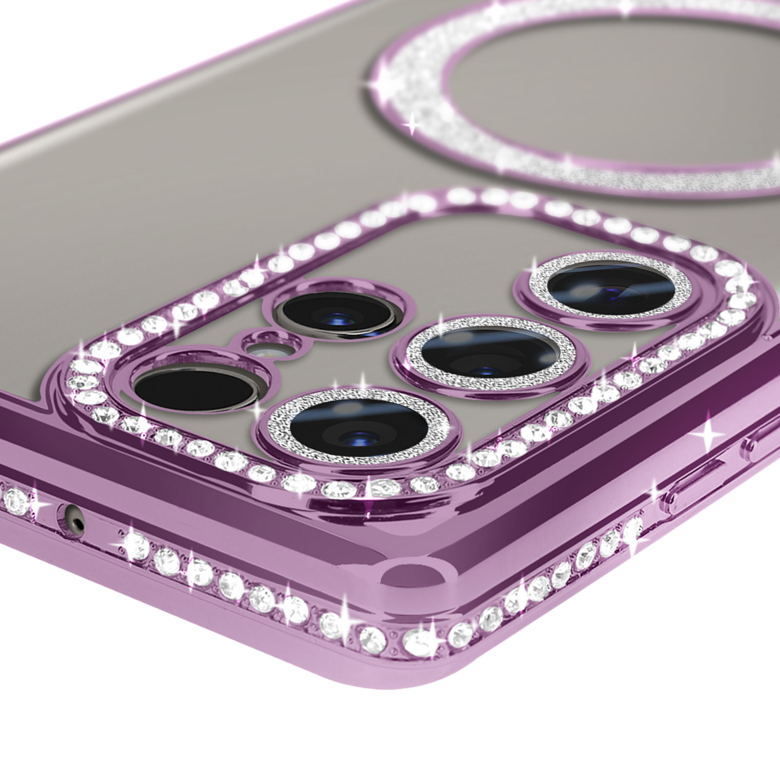 Custodia per telefono con anello fotocamera viola con cristalli.