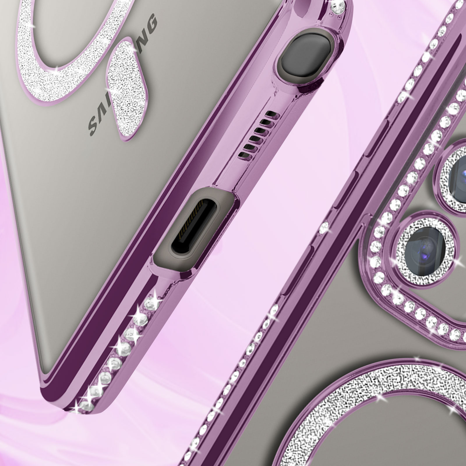 Custodia per telefono viola con strass. La custodia è di fronte a uno sfondo rosa.