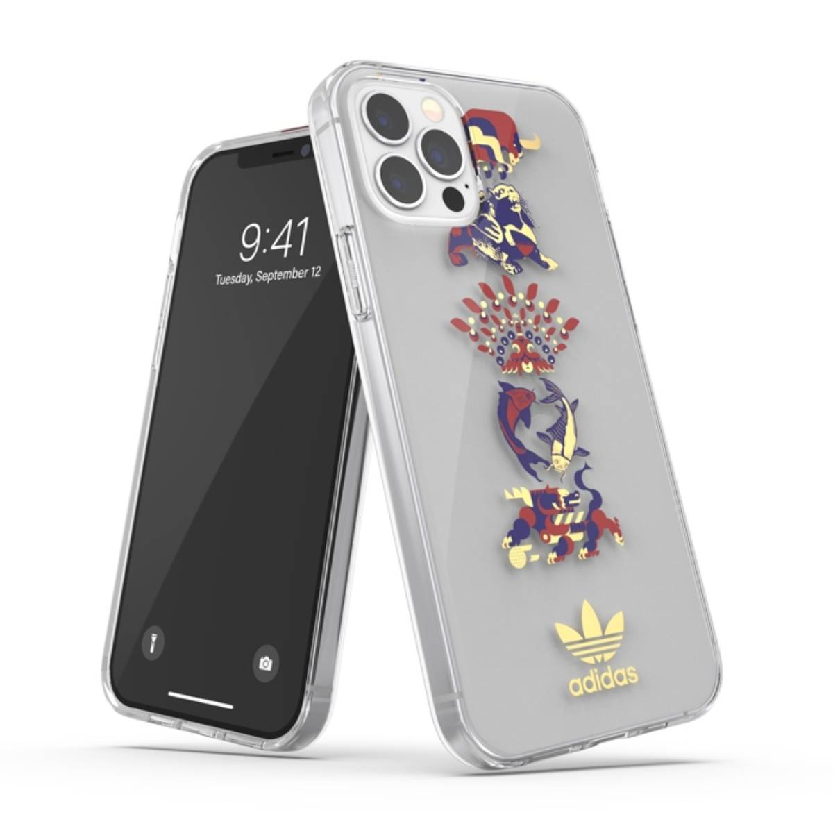 Custodia con animali colorati e logo Adidas accanto a iPhone.