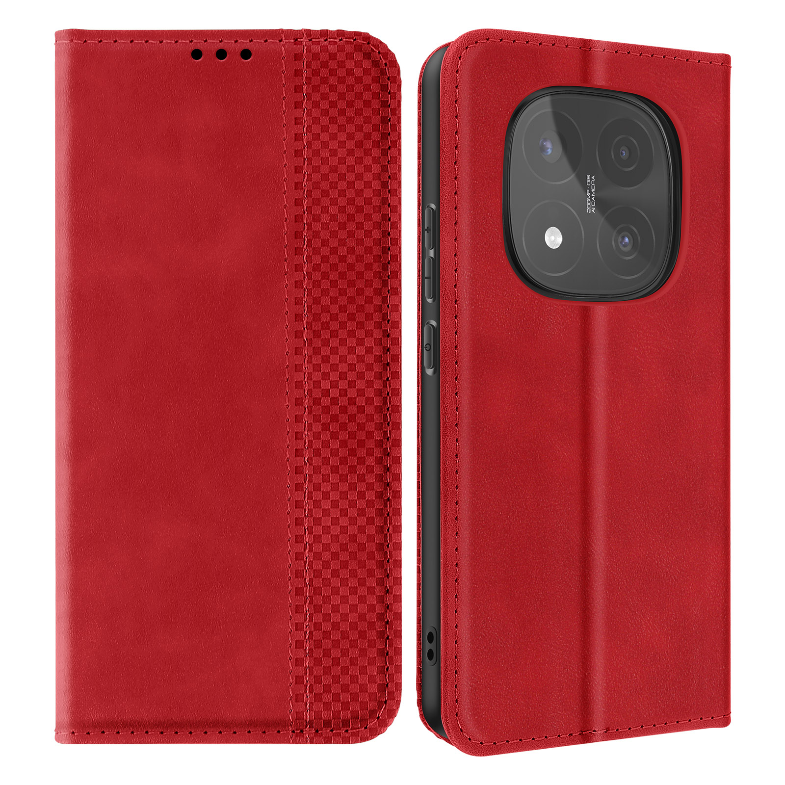 Custodia rossa per telefono, aperta, che mostra il telefono. La custodia ha una trama a scacchi.