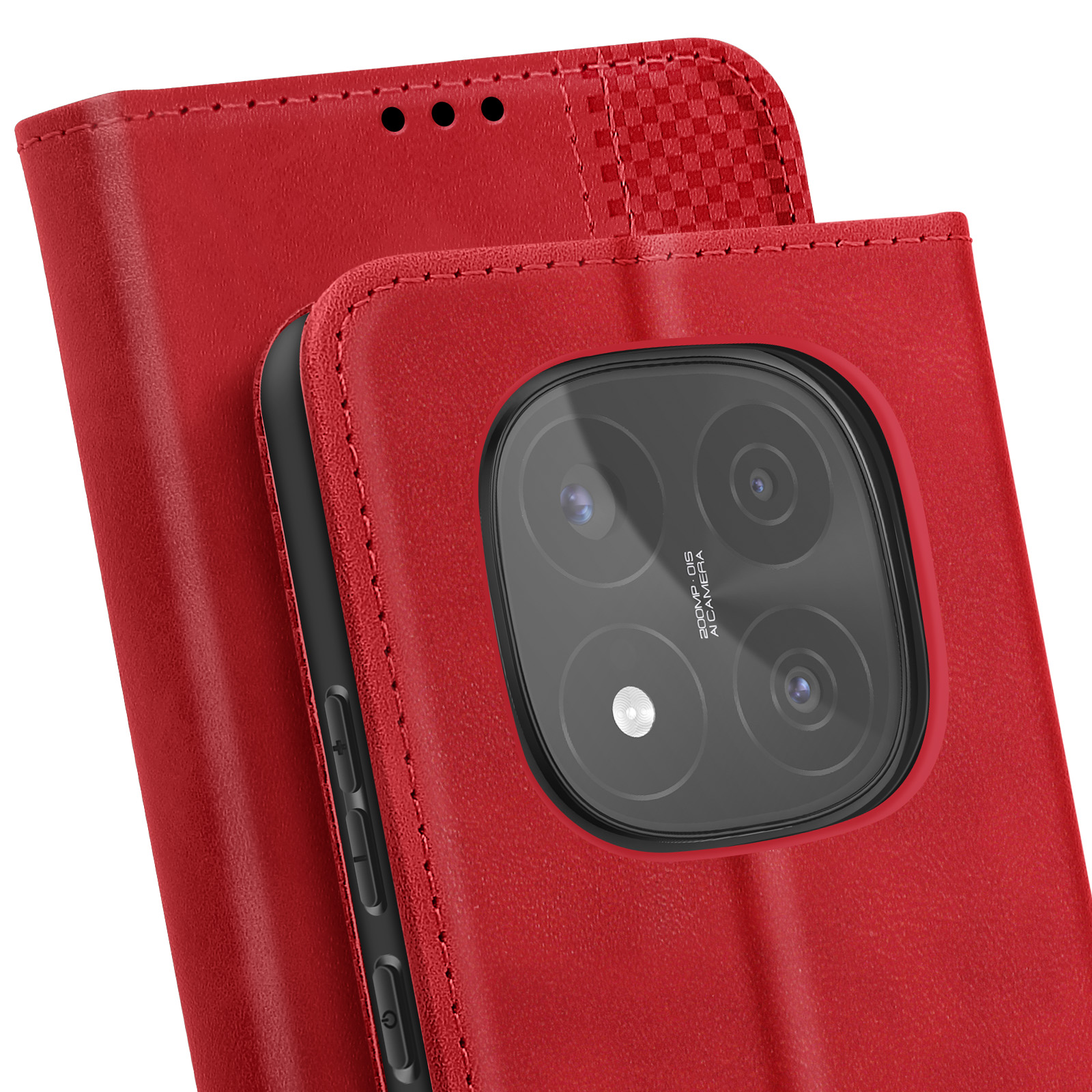 Primo piano di una custodia rossa per telefono. Il telefono ha una grande fotocamera nera.