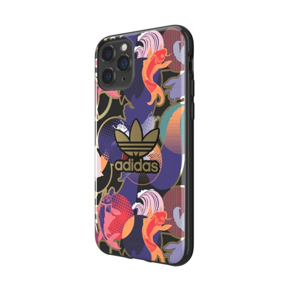 Custodia Adidas per telefono. Design colorato con pesci su sfondo nero.
