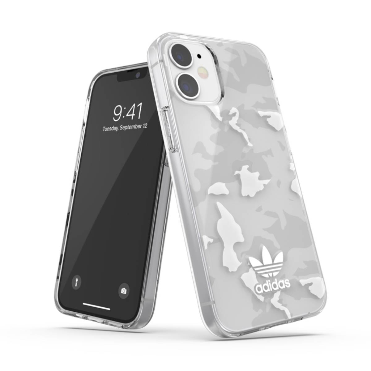 Custodia trasparente con motivo mimetico bianco. Telefono e schermo nero. Sfondo bianco.