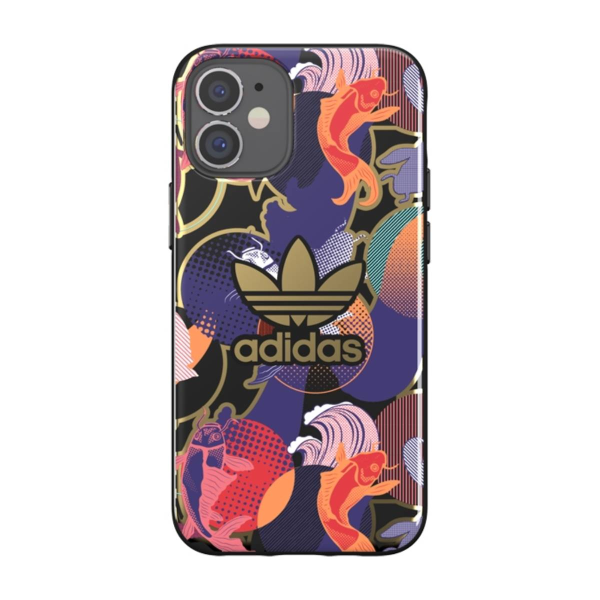 Custodia con pesci koi e motivo logo Adidas. Sfondo nero.
