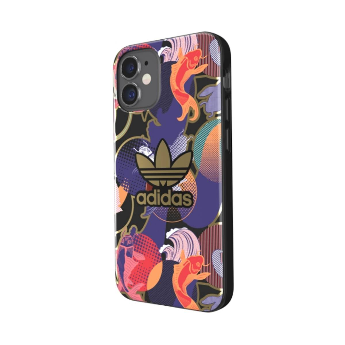 Custodia con pesci koi e logo Adidas. Sfondo nero, vista laterale.