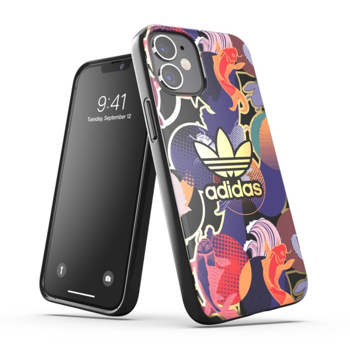 Telefono con design floreale Adidas e altro telefono con schermo nero, appoggiati l'uno all'altro.