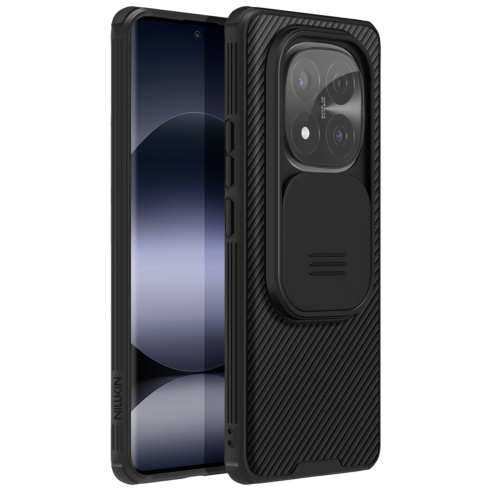 Due custodie per telefono, una nera con copertura per fotocamera, l'altra che mostra lo schermo.