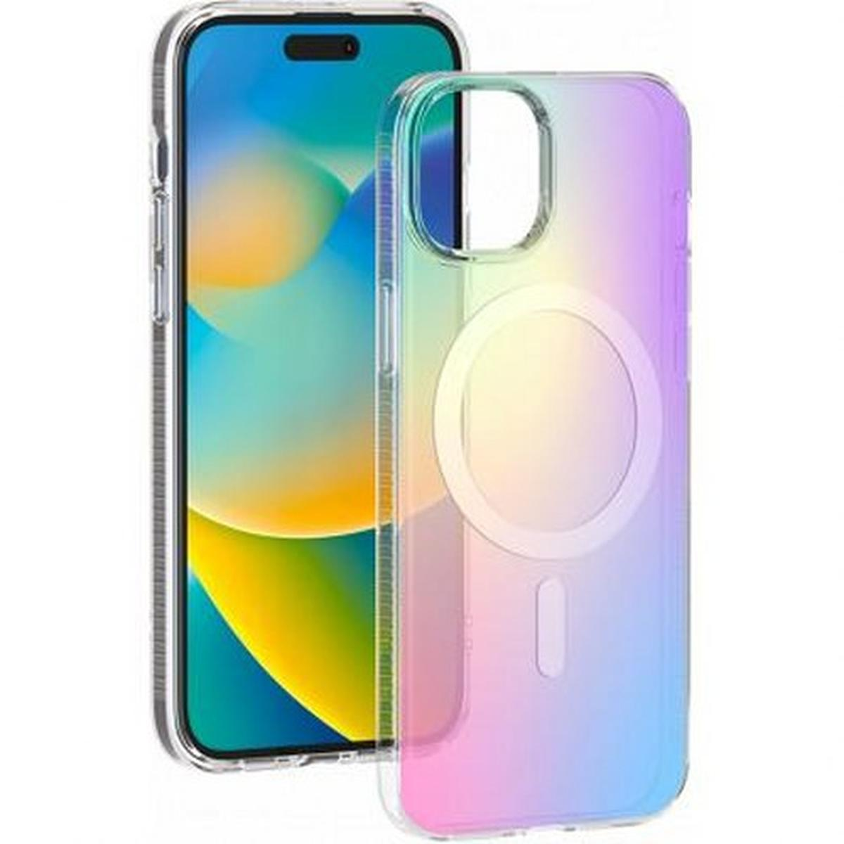 Telefono con custodia trasparente con sfumatura arcobaleno, accanto a un altro telefono nero.