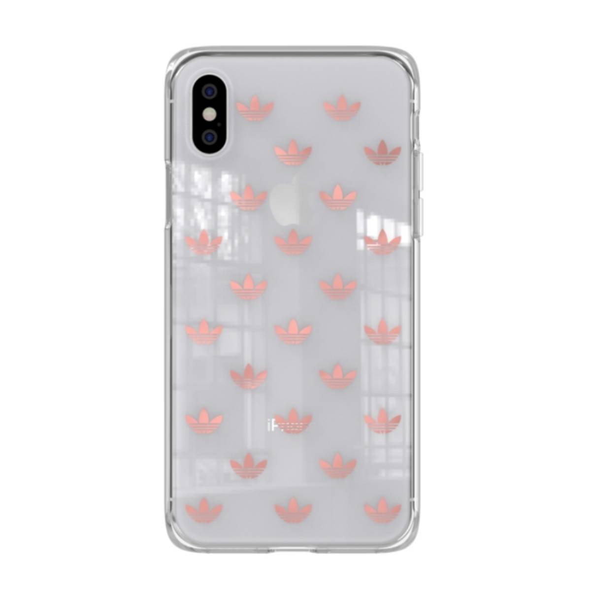 Custodia trasparente con loghi Adidas trefoil rosa su sfondo bianco.