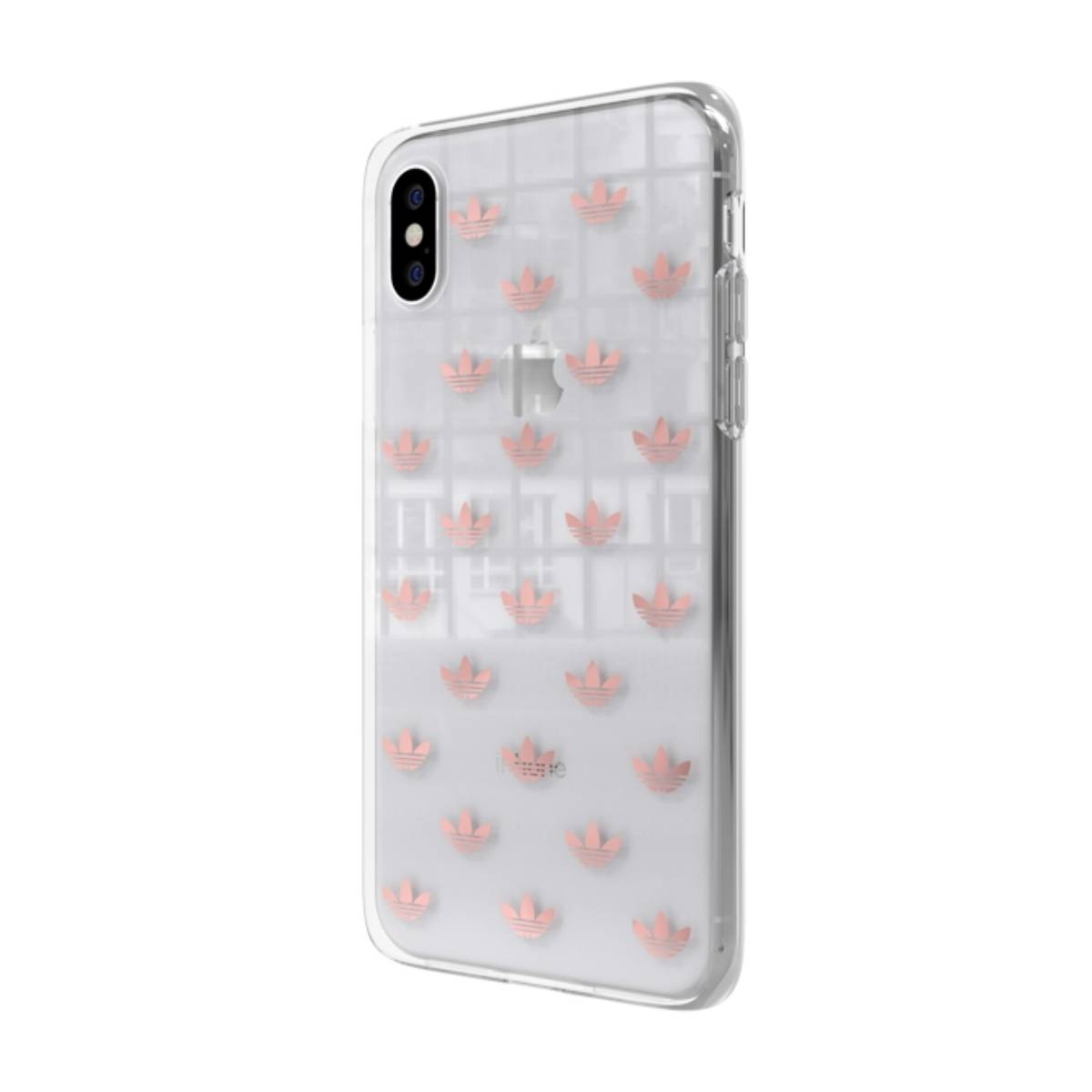 Custodia trasparente con motivo logo Adidas rosa. Sfondo bianco.
